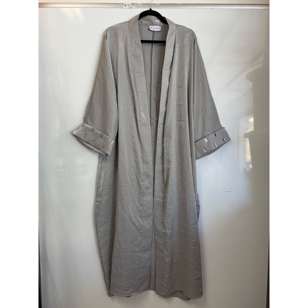 KD Studio Silver Metallic Open Front Abaya Long Kimono Robe Embellished Cuffs 1